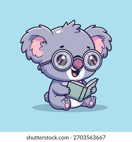 Cute Reading Koala Vector Illustration with Glasses and Green Book on Light Blue Background