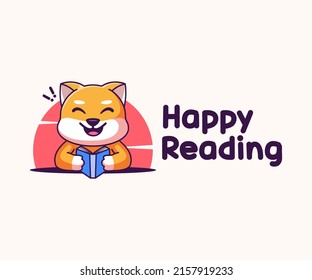 cute reading shiba inu logo character illustration, icon vector, flat cartoon style.