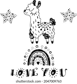 Cute ready-made poster design in the form of a cute lama, stars, rainbow for decorating children's rooms, notepads, notebooks, diary, textiles, children's clothes, bedding