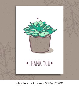 Cute ready-to-use gift romantic postcards with succulent in pot. Vector printable post card, invitation.