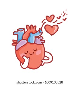Cute real anatomic Heart character with eyes in love. I Heart You. Set of hand drawn vector illustration in cartoon, doodle style as logo, mascot, sticker, emoji, emotions