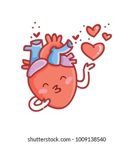 Cute real anatomic Heart character with eyes in love. I Heart You. Set of hand drawn vector illustration in cartoon, doodle style as logo, mascot, sticker, emoji, emotions