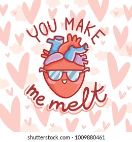 Cute real anatomic Heart character in love, with eyes and lettering text: You make me melt. Set of hand drawn vector illustration in cartoon style on romantic background as Greeting Card