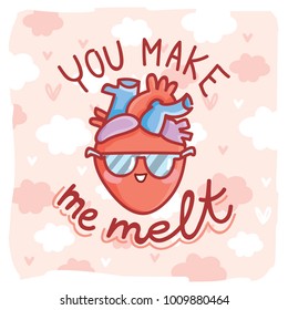 Cute real anatomic Heart character in love, with eyes and lettering text: You make me melt. Set of hand drawn vector illustration in cartoon style on romantic background as Greeting Card