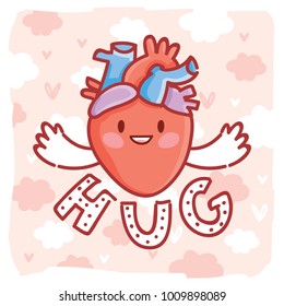 Cute real anatomic Heart character in love, with eyes and lettering text: Hug. Set of hand drawn vector illustration in cartoon style on romantic background as Greeting Card