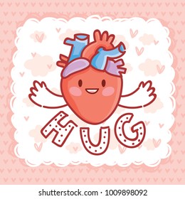 Cute real anatomic Heart character in love, with eyes and lettering text: Hug. Set of hand drawn vector illustration in cartoon style on romantic background as Greeting Card