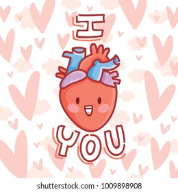 Cute real anatomic Heart character in love, with eyes and lettering text: I Heart you. Set of hand drawn vector illustration in cartoon style on romantic background as Greeting Card