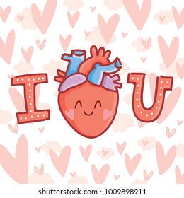 Cute real anatomic Heart character in love, with eyes and lettering text: I Heart you. Set of hand drawn vector illustration in cartoon style on romantic background as Greeting Card