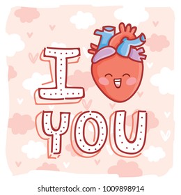 Cute real anatomic Heart character in love, with eyes and lettering text: I Heart you. Set of hand drawn vector illustration in cartoon style on romantic background as Greeting Card