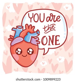 Cute real anatomic Heart character in love, with eyes and lettering text: You are the One. Set of hand drawn vector illustration in cartoon style on romantic background as Greeting Card