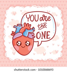 Cute real anatomic Heart character in love, with eyes and lettering text: You are the One. Set of hand drawn vector illustration in cartoon style on romantic background as Greeting Card