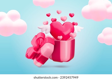 Cute realistic 3d Valentine's day concept. Vector open gift box with flying out winged heart among the clouds in blue sky. Love gift web banner. Romantic Happy Valentines Day poster design, flyer, ad.