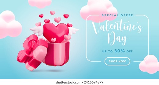 Cute realistic 3d Valentine's day sale banner concept. Vector open gift box with flying out shiny heart with wings and promo text on blue background. Valentines special offer template, poster design.