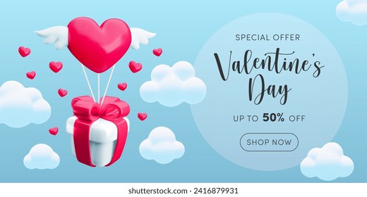 Cute realistic 3d Valentines day sale banner concept. Vector gift box with flying shiny heart with wings and special offer text on blue background. Valentine's day shopping template, web poster design