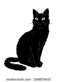 Cute Realistic Cat Sitting. Vector Illustration Of Kitty Looking Up. Grey Lines, White Figure On Black Background. Element For Your Design, Print, Sticker. Fluffy Cat In Simple Sketch Style. Line Art.