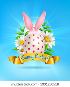 Cute realistic easter composition with painted egg bunny ears and flowers on blue background vector illustration