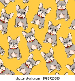 Cute realistic french bulldog and bright red collar seamless pattern template  Cartoon colorful pet vector illustration bright yellow background for games  background  pattern  decor  print