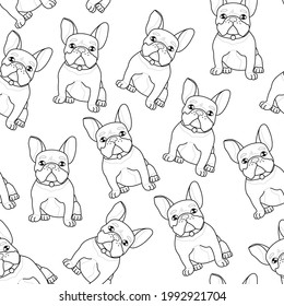 Cute realistic french bulldog sketch seamless pattern template  Cartoon graphic vector illustration in black   white for games  background  pattern  decor  Coloring paper  page  story book  print