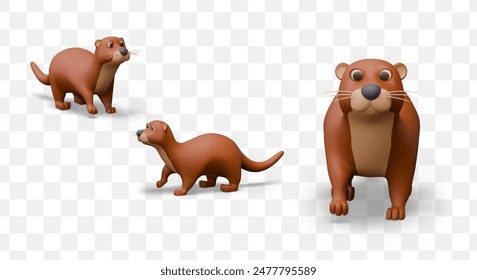 Cute realistic otter, front view and different sides. Positive vector character