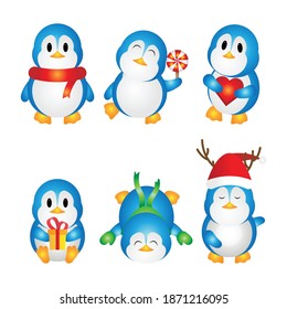 Cute Realistic Penguin Cartoon Set Vector Illustration