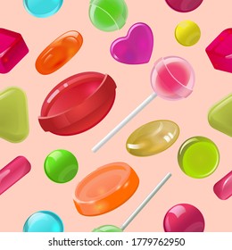 Cute  realistic seamless pattern vector background with lollipops. candies and sweets. Background design for banner, poster, flyer, card, postcard, cover, brochure. 