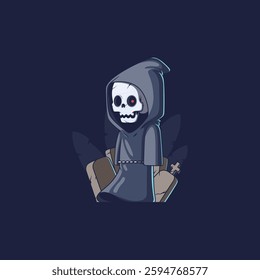 A Cute Reaper character standing near a graveyard vector illustration. Mascot, funny design concept.