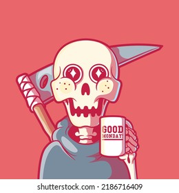 Cute Reaper drinking coffee vector illustration. Inspiration, funny, motivation design concept.