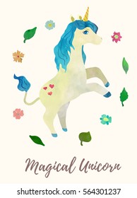 Cute rearing unicorn card design. 