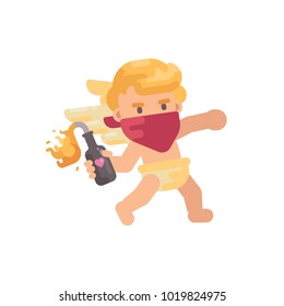 Cute rebel cupid in red face bandana throwing a Molotov cocktail. Valentines Day flat character illustration