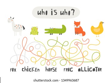 Cute rebus, test, activity, logic quest for kids. Funny labyrinth, puzzle with horse, frog, alligator, fox, chicken. Find right animal quest