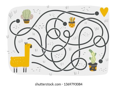 Cute rebus, test, activity, logic quest for kids. Funny labyrinth, puzzle with lama, cactus, heart. Find exit from the maze challenge.