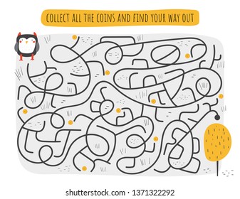 Cute rebus, test, activity, logic quest for kids. Funny labyrinth, puzzle with owl, tree, path. Find exit from the maze, collect coins challenge.