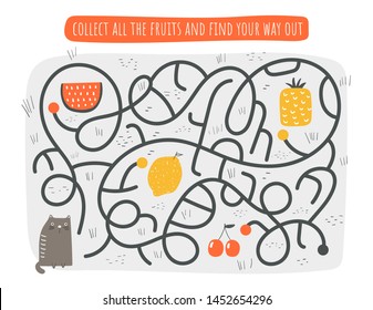 Cute rebus, test, activity, logic quest for kids. Funny labyrinth, puzzle with cat, watermelon, lemon, pineapple, cherry. Find exit from the maze challenge.