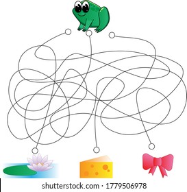 Cute rebus, test, activity, logic quest for kids. Funny labyrinth, puzzle with frog.  Find exit from the maze challenge.