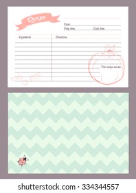 Cute recipe card template with pomegranate silhouette with seeds. Cover template with cute little ladybug on retro background.