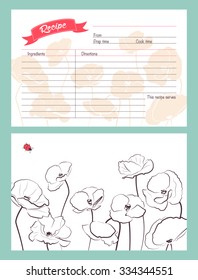 Cute recipe card template with poppies silhouette. Cover template with graphic poppies and cute little ladybug on white background.