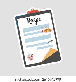 Cute Recipe Clipboard Sticker. Adorable vector illustration of a recipe clipboard with food elements, perfect for cooking blogs, culinary content, and kitchen designs