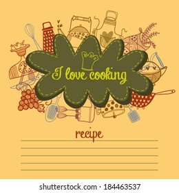 Cute recipe vector card template + kitchen design elements