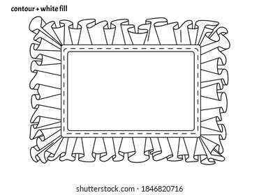 Cute rectangle frame template with textile ruffles and ribbon. Colorless isolated decorative copy space vector illustration
