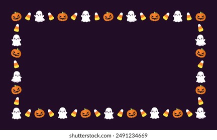 Cute Rectangle Halloween frame template. Rectangular Halloween border with cartoon ghost, jack o lantern, pumpkins, candy corn. Social media banner vector illustration