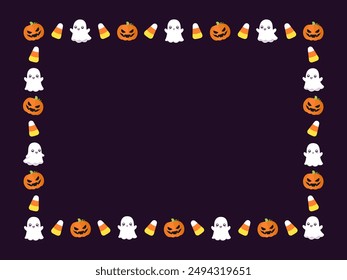 Cute Rectangle Halloween frame template. Rectangular Halloween border with cartoon ghost, jack o lantern, pumpkins, candy corn. Social media banner vector illustration