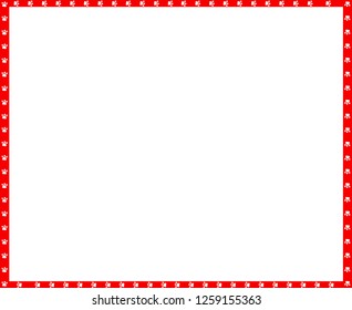 Cute rectangle red and white photo frame made of animal paw prints on white background. Vector template, border, framework, poster, banner, scrapbook, cartoon animal cats, dogs paw walking track