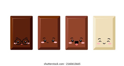 Cute Rectangular Chocolate Bar Piece Kids Emoji Character Vector Set. Funny Dark, Bitter, Milky And White Choco Chunk Smill Face. Kawaii Cartoon Style Cacao Sweet Food Morsel Emoticon Illustration