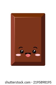 Cute rectangular chocolate bar piece kids emoji character vector icon. Yummy milky smilling choco chunk with face. Kawaii cartoon style cacao sweet food morsel emoticon illustration.