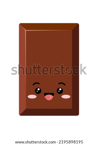 Cute rectangular chocolate bar piece kids emoji character vector icon. Yummy milky smilling choco chunk with face. Kawaii cartoon style cacao sweet food morsel emoticon illustration.