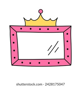 Cute rectangular minimalistic vector frame with crown isolated on white background. Pink mirror for little princess, beautiful decorative border, hand drawn, doodle illustration.