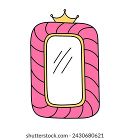 Cute rectangular vector frame with crown isolated on white background. Pink mirror for little princess, beautiful decorative border, hand drawn, doodle illustration.