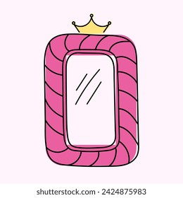 Cute rectangular vector mirror in bright pink color. Fancy vintage hand drawn frames, crowns and swirls, decorative frame.