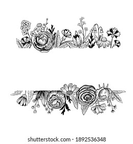 Cute rectangular vintage floral frame. Hand drawn illustration in engraving style.