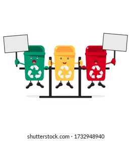 Cute recycle bin cartoon mascot character with a board.